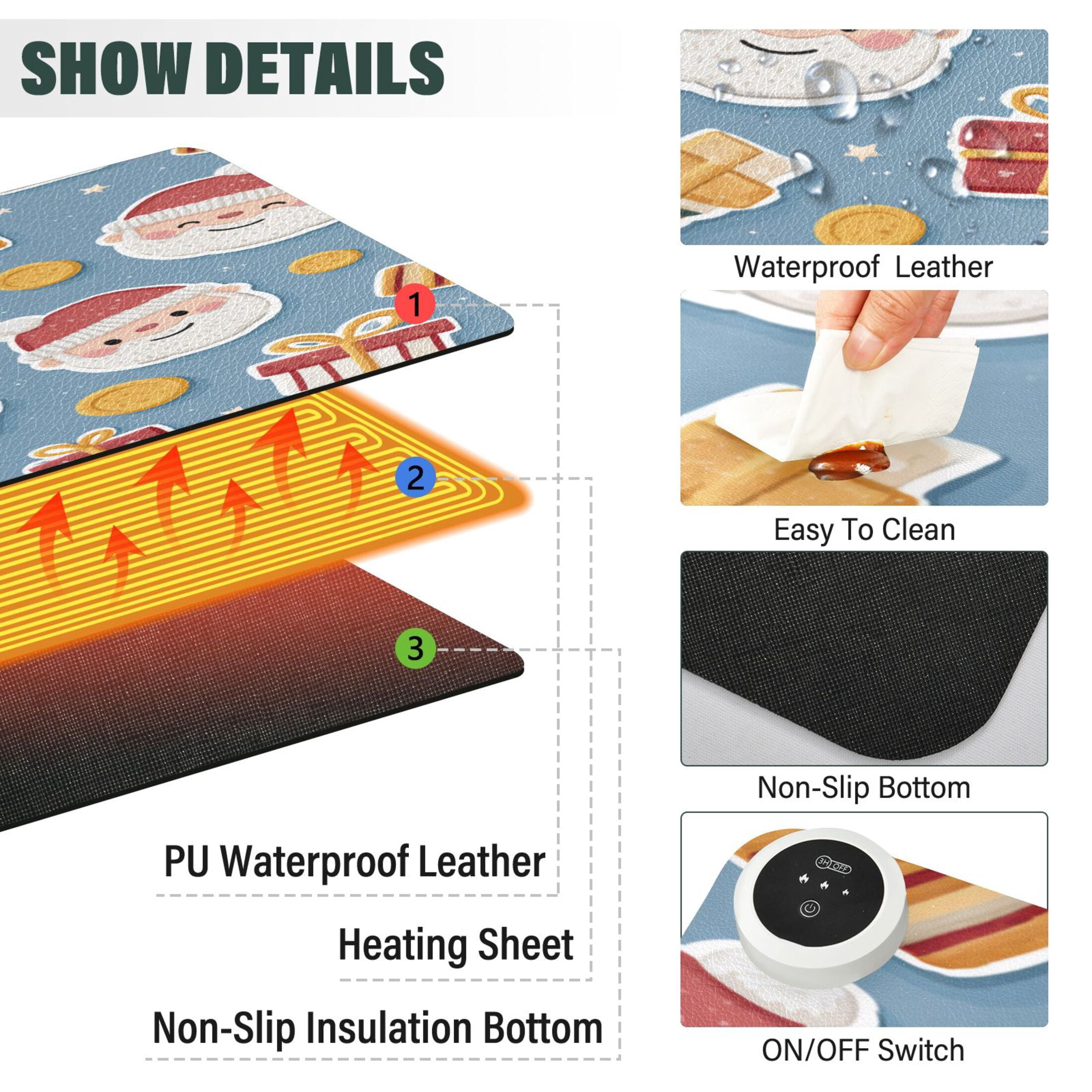 Large Heated Desk Mat Mouse Pad 31.5"x13"PU Leather Graphene Heating Desk Warmer with 3 Temperature Settings 110V US Plug Non-Slip Warm Pad for Home, Office, and Gaming Santa Claus Gifts and Coins