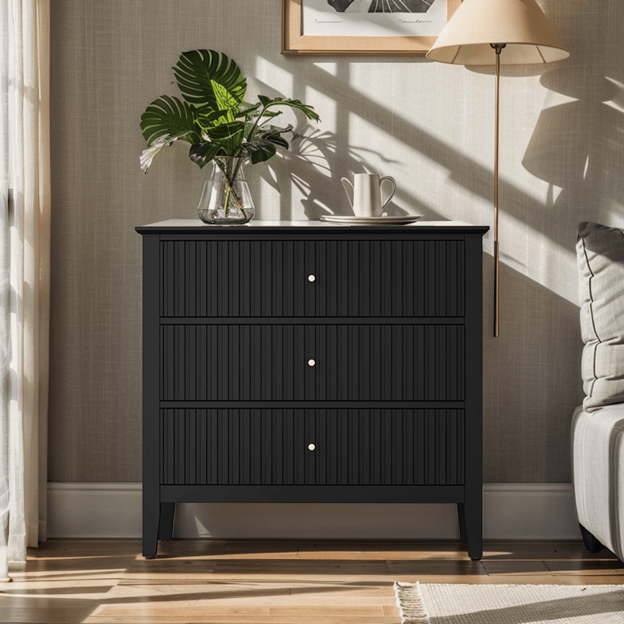 Cozy Home Black 3 Drawer Dresser Set of 2, Painted Tall Wood Nightstand with Storage, for Bedroom Hallway Living Room Entryway Office