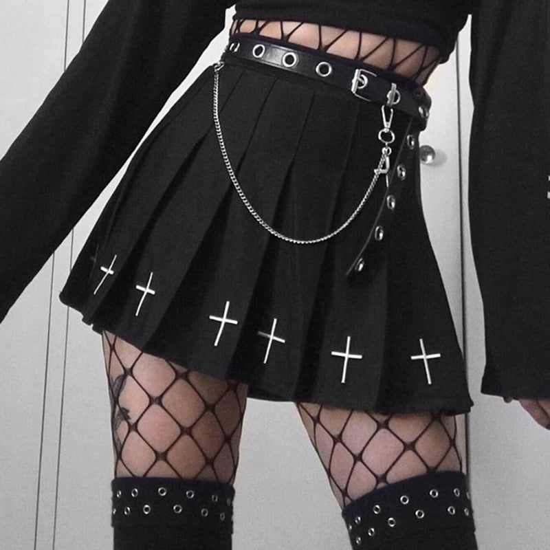 Womens Dark Punk Gothic College Style Cross Pattern Mini Pleated Black Skirt with Lining 