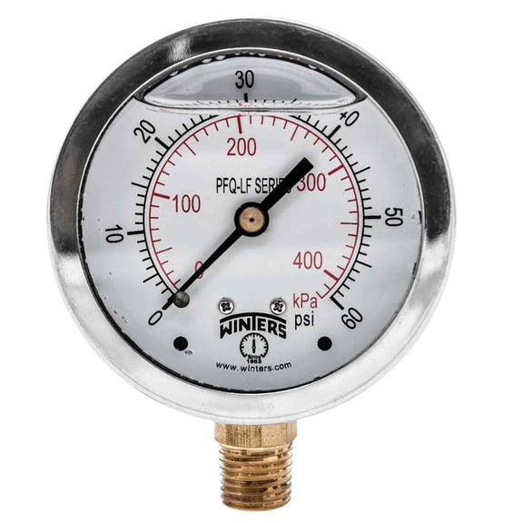 Winters 2-1/2" Dial Size, Liquid Filled Pressure Gauge, Potable Brass Internals, 304 Stainless Steel Case, Dual Scale 0-60 psi/kPa, 1.5% Acc, 1/4" NPT Bottom Mount, Drinking Water Pressure Gauge CA1