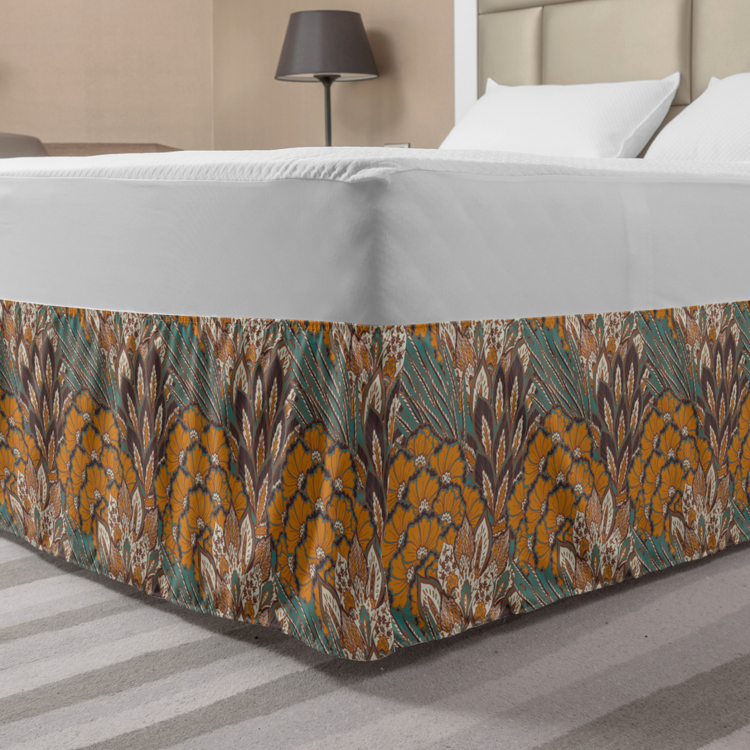 Floral Bed Skirt, Pattern of Flowers and Peacock Feathers Floral Arrangement Artwork, Elastic