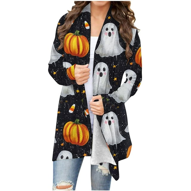 Enjoytime Cardigans Mignons pour Femmes Imprimé Citrouille Fantôme Cardigan à Manches Longues Manteau d'Extérieur Hauts d'Halloween