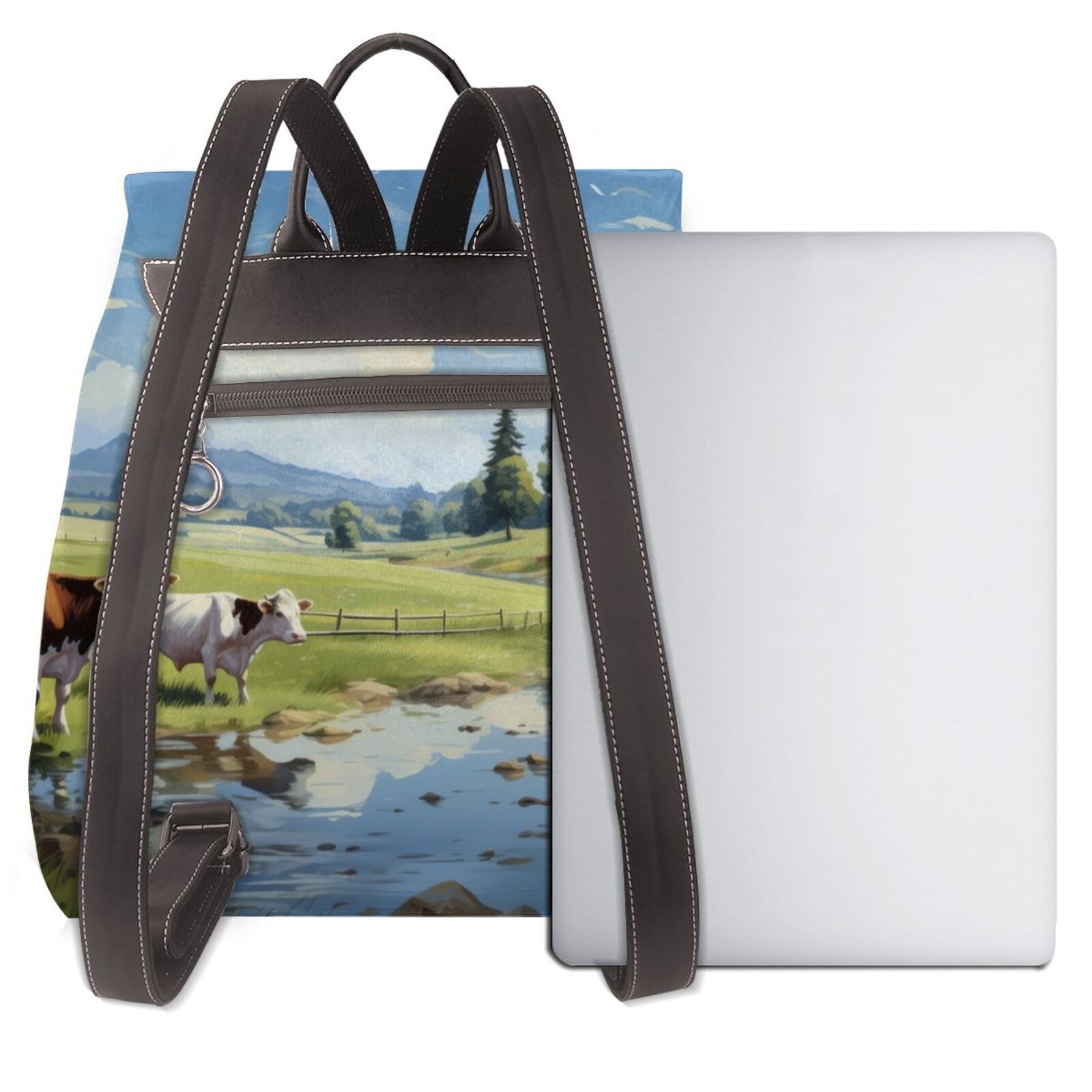 Xecao Pasture Cow Print Large Backpack Soft Leather for Women Travel with Compartment, Adjustable Convertible Strap