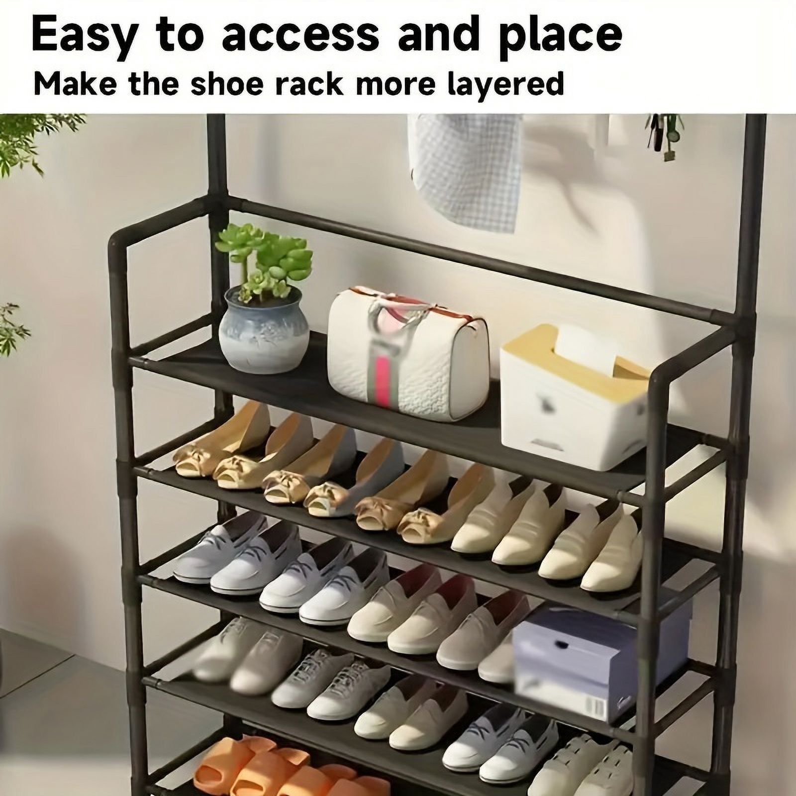 STORVIX 5-tier Multifunctional Metal Shoe Rack with 8 Double Hooks Shoes Storage