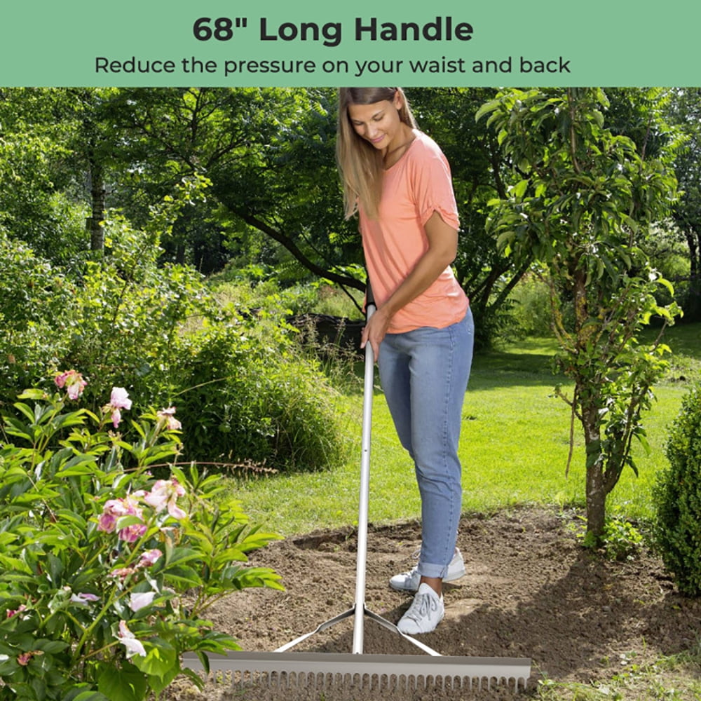 Yardi Yard Aluminum Rake with 36" Wide Rake Head and 68" Long Handle, Rolling Lawn Aerator, Rotary Spike Lawn Aerator