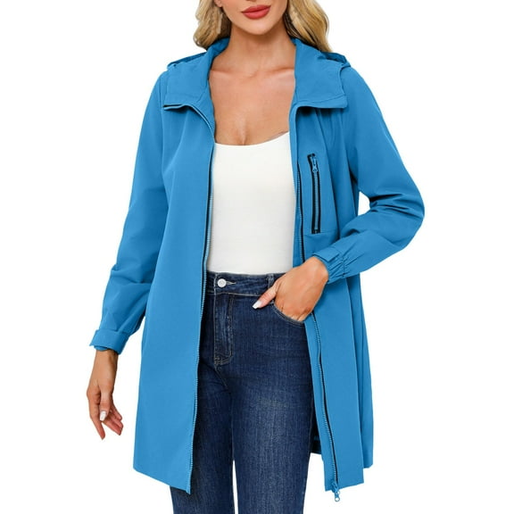 BYHONG Womens Trench Coat Hooded Long Sleeved Spring and Autumn Jacket Loose Casual Windproof Jacket Blue L
