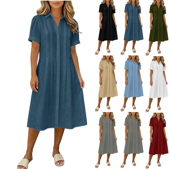 Tqcoqu Womens Summer Cotton Linen Dresses,Casual Loose Fit V Neck Short Sleeve Sundress for Beach Vacation,Army Green Women's S-XXL