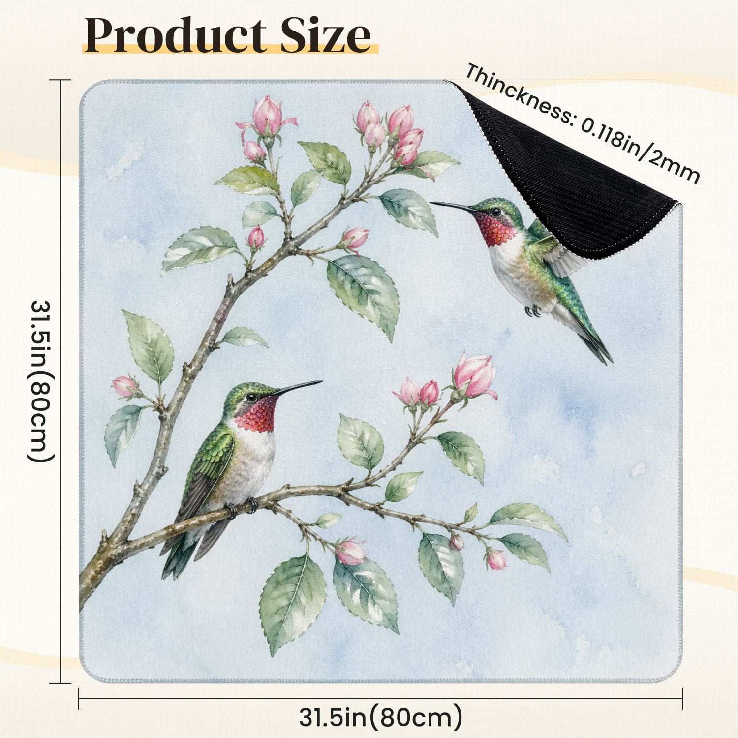Mahjong Mat 31.5" x 31.5" Hummingbirds Green Leaves Elegant Watercolor Style Non-Slip Noise Reduction Mahjong Tiles Table Cover for Dominoes Poker Card Board and Tile Games
