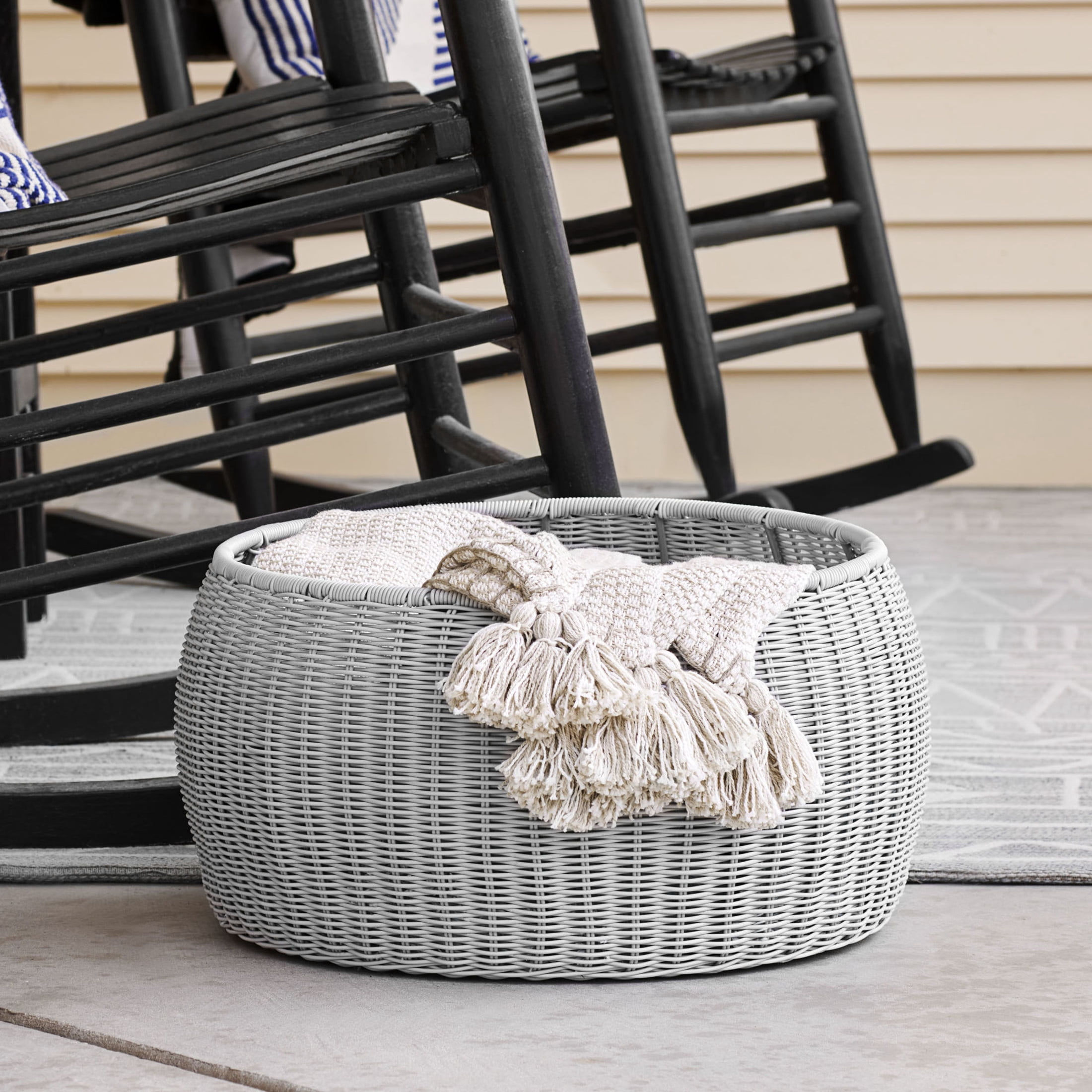 Household Essentials Handwoven Resin Storage Stool Ottoman, Gray