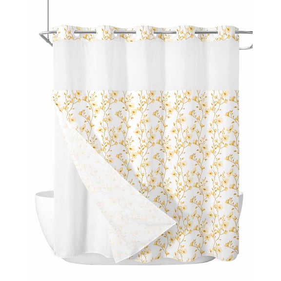 No Hook Shower Curtain with Snap-in Liner, Yellow Spring Floral Waterproof Fabric Bathroom Curtains, Elegant Watercolor Summer Botanical Bath Curtains & Mesh Top Window Stand Up Stall 66"x72"