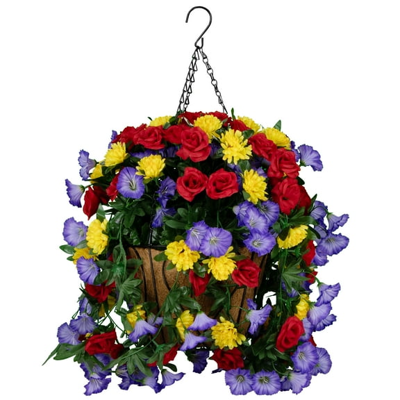 Sympathy Silks Artificial Cemetery Flowers - Hanging Basket with Red Roses, Purple Glories and Yellow Mums