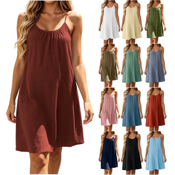 Hvogkswy Cotton Linen Nightgowns for Women Solid Sleeveless Crew Neck Camisole Dresses Soft Breathable Home Sleep Dress