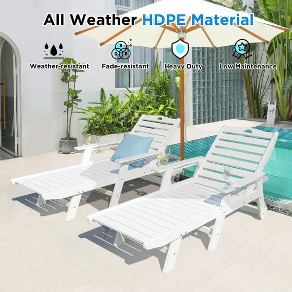 NALONE Chaise Lounge Set of 2 Outdoor with 5-Position Adjustable Backrest, HDPE Lounge Chair for Outside Supports Up to 400 LBS, Pool Lounge Chairs for Patio Poolside Deck Beach Backyard(White)