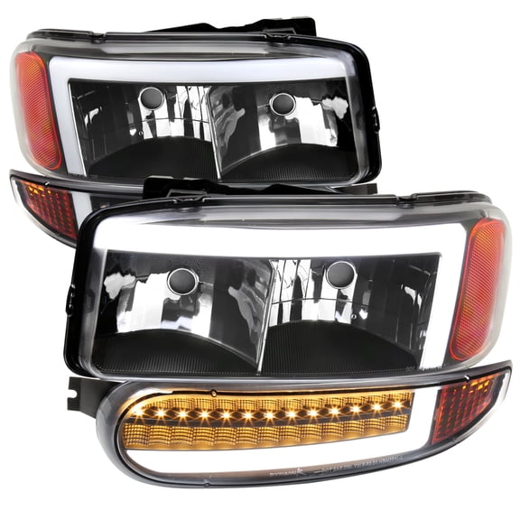 Factory Style Headlights with LED Sequential Turn Signal Bumper Lights (Black Housing/Clear Lens) Made for 99-06 GMC Sierra Denali/07 Classic Denali/00-06 Yukon/XL Denali