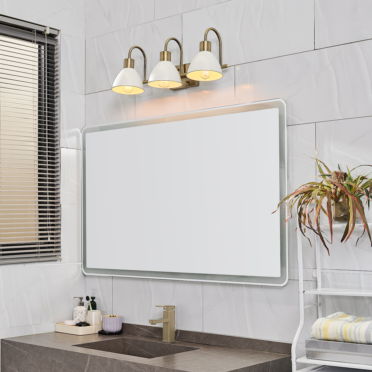 Globe Electric 24" 3-Light Matte Brass Vanity Light, White Metal Shades, Soft Glam Style, 91006818