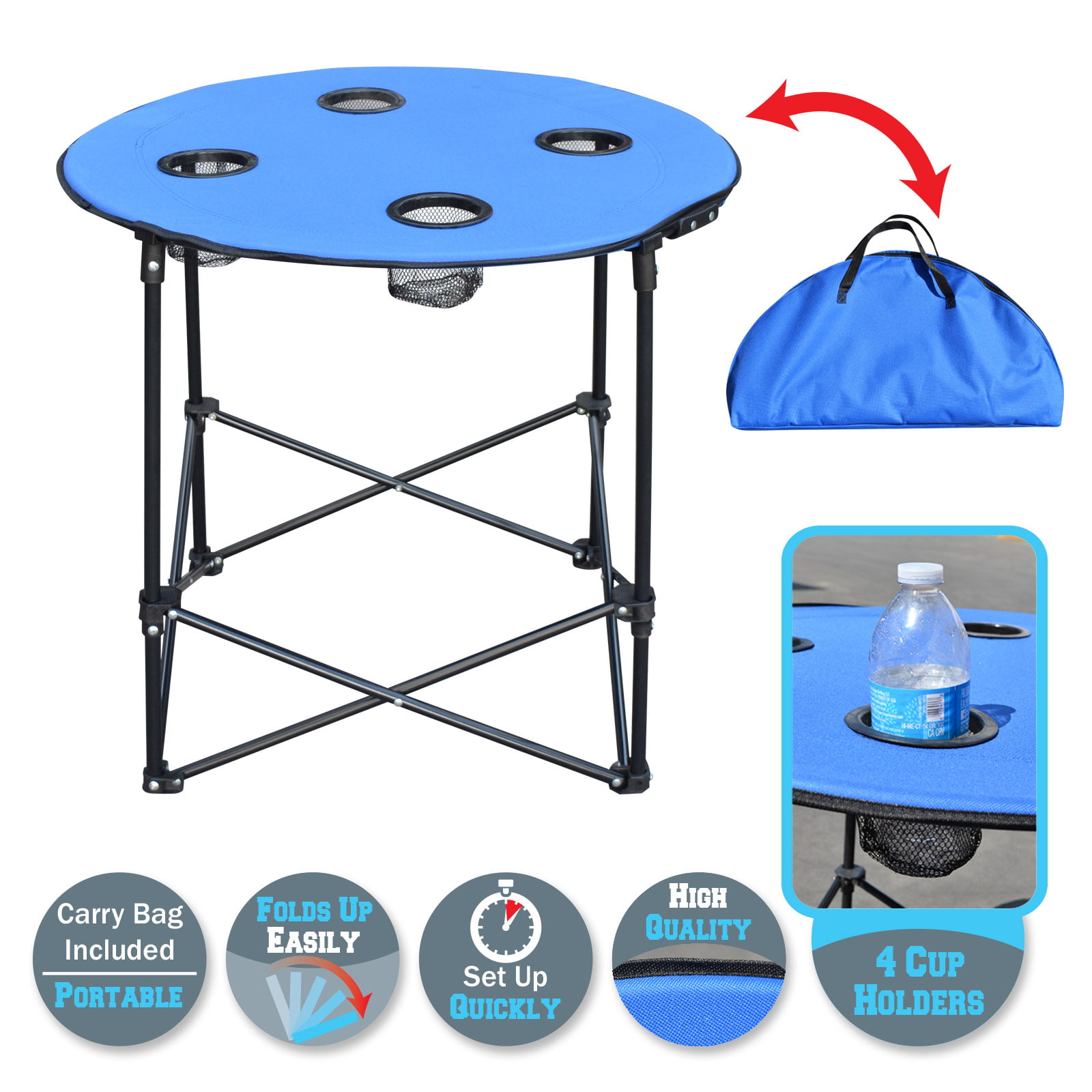 Without Shelf Carry Case Included BenefitUSA Folding Picnic Table Dia 27.5 Collapsible Round Table with 4 Cup Holders 