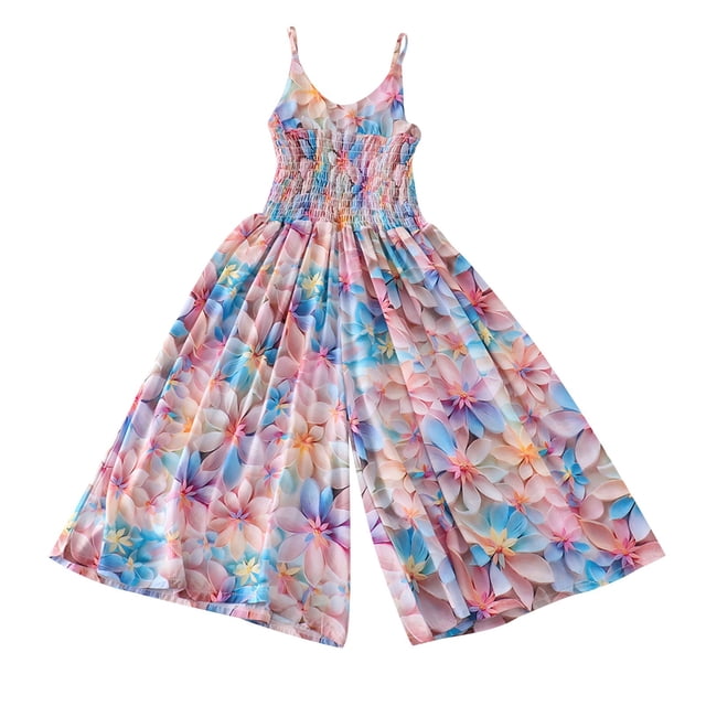 Odeerbi 7-18 Años Niñas Verano Floral Rompers Algodón Pierna Ancha Jumpsuit Primavera Seda Francés Vacaciones Estilo Tirantes Pantalones