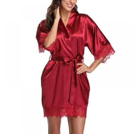 Women s Satin Kimono Bathrobe  Silk Short Bridesmaid Robe Lingerie Dressing Gown with Lace-Trim