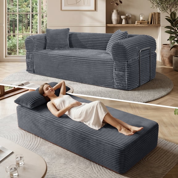 GJQ 82.67'' Folding Sofa Bed,Convertible Sofa Bed with Pillow ,Comfy Floor Couch Lounge Sleeper Bed for Living Room/Bedroom,Lounge (Corduroy Gray)