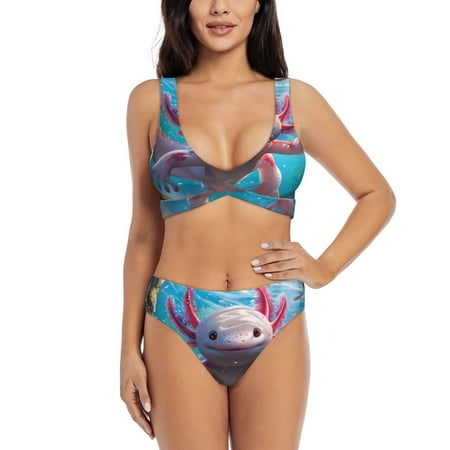 Zeuib Cute Underwater Axolotl High Waisted Tummy Control Bikini Set - Knot Front Push Up Top & Cheeky Thong Bottom  Two-Piece Swimsuit for Women-XX-Large