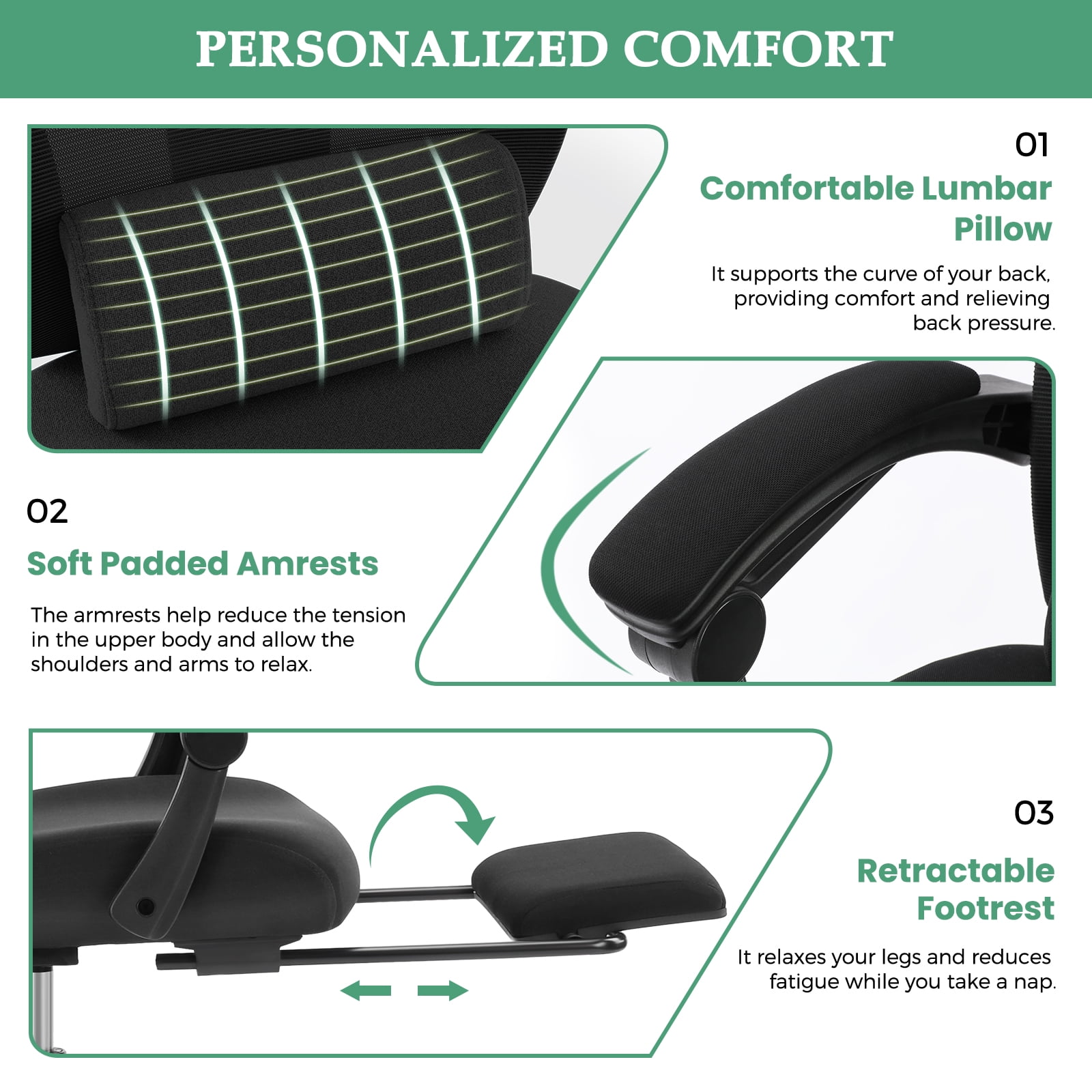 JOINSUN High Back Mesh Office Chair, Ergonomic Lumbar Support, Headrest, Footrest for Home, Black