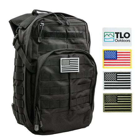TLO Outdoors Tactical Rush Backpack - TacPack12 24L Storage Backpack with MOLLE System, Hydration Pocket, Plus Bonus Pack of Four SWAPPABLE Velcro Patches, Including 3 US