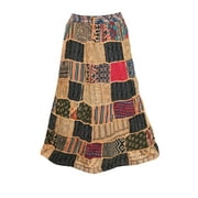 Mogul Womens Indan Maxi Skirt Vintage Beige Printed Gujarat Patchwork Dori Skirts