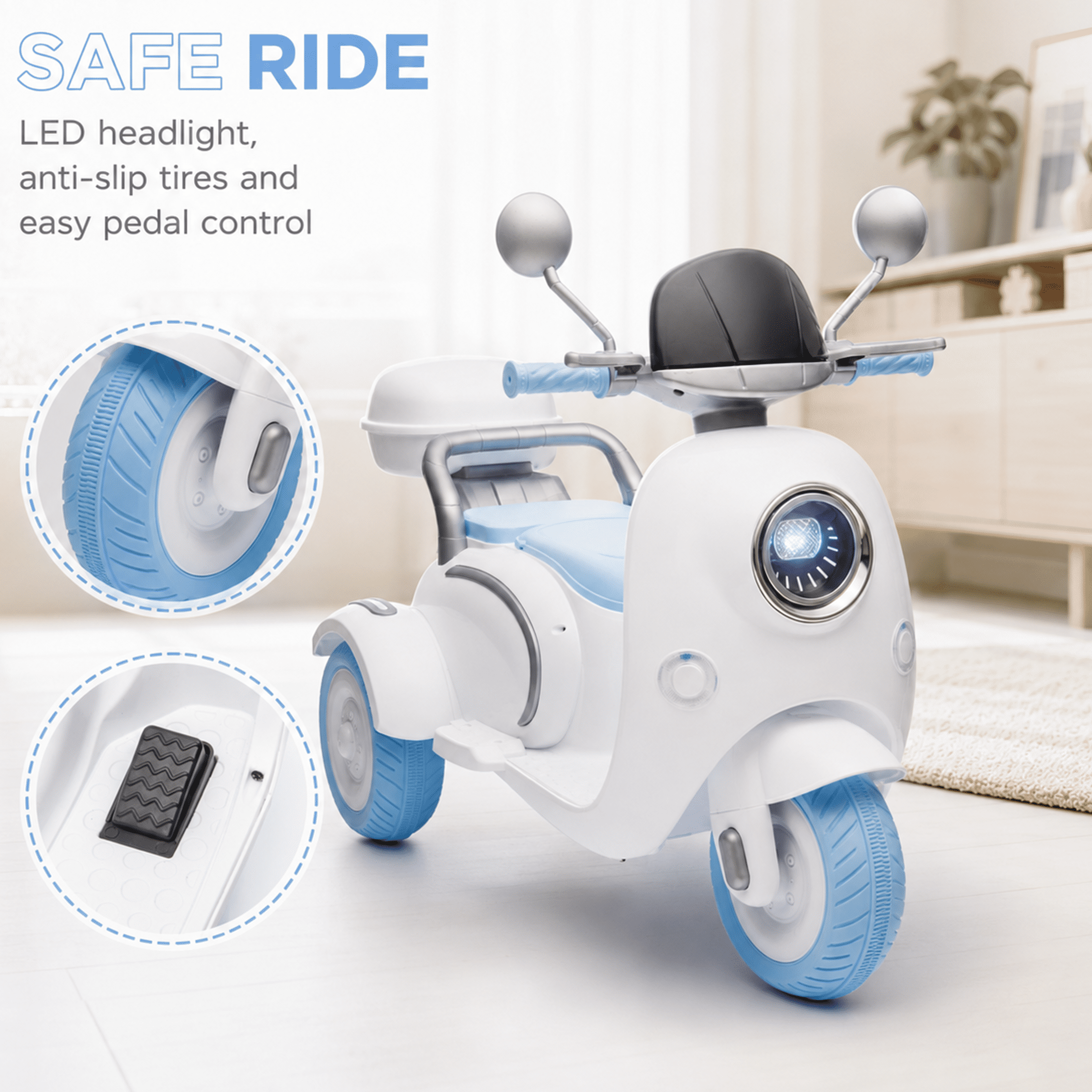 12V Electric Motorcycle for Kids, 2 Seater Battery Power Ride on Motorcycle Toys with Slow Start, LED, Music, USB, 3 Wheel Electric Motorcycle for Boy Girl Birthday Gift, Blue