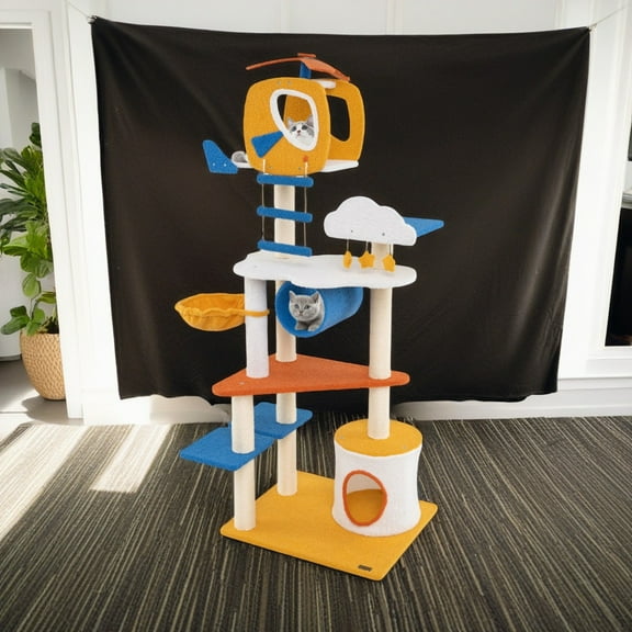 Demi Bonn 70" Cat Tree for Indoor Cats, Aviation-themed Cat Tower with Helicopter Top Perch, Sisal Scratching Post, Cat Condo, Multicolor