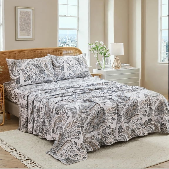 Cotton Sheet Set Queen Size – 4-Piece Luxury Grey Paisley Bedding Set, Extra Soft Breathable Percale Weave, Deep Pocket Fitted Sheet 17.5", Crisp Cool Feel Bed Sheet
