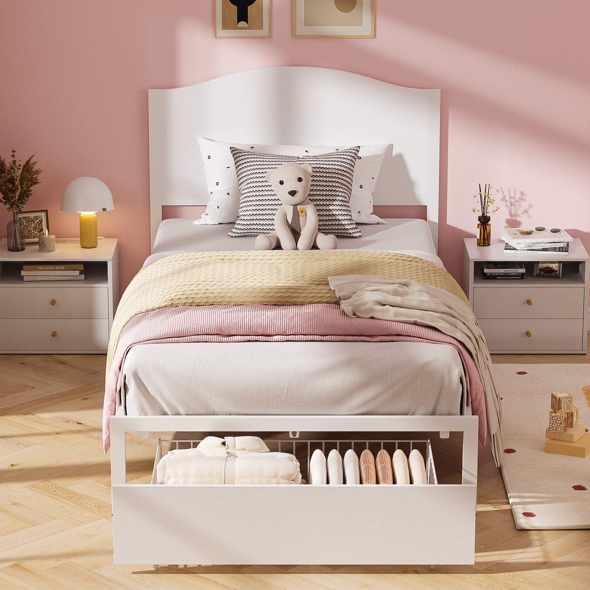 Yoneston Twin Metal Platform Bed with Large Storage Drawer, Wood High Headboard Bed Frame Bedroom Furniture for Kids, Teens, Adults - White