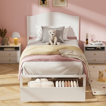 Yoneston Twin Metal Platform Bed with Large Storage Drawer, Wood High Headboard Bed Frame Bedroom Furniture for Kids, Teens, Adults - White