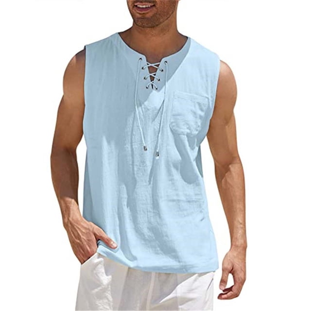 pstuiky Camisetas sin mangas, Camiseta sin mangas con cuello en V, holgada, informal, con cordón y bolsillo, de color liso y a la moda para hombre Tops elegantes para mujer xxxxxl