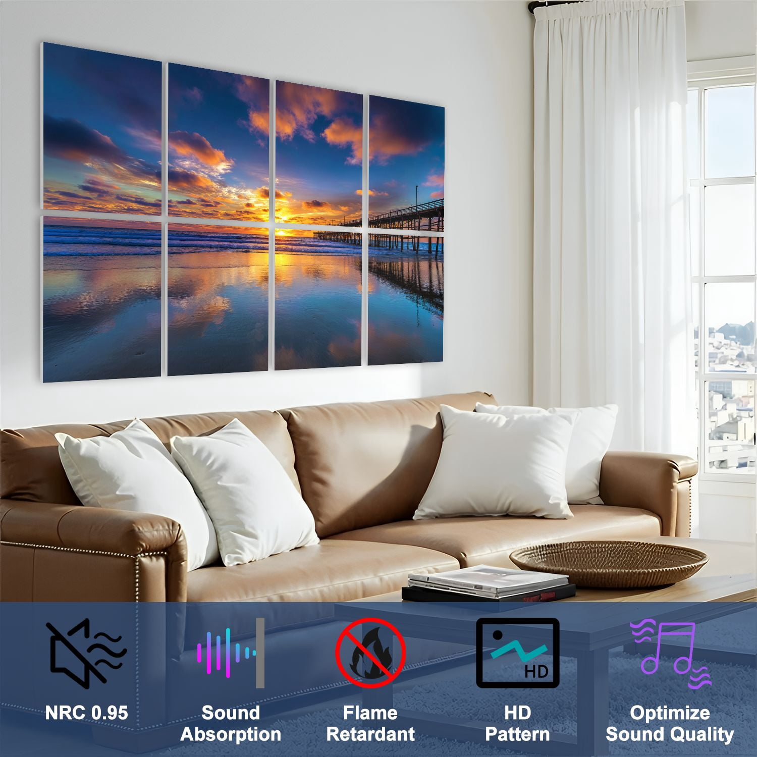8 Pack Art Acoustic Panels Sound Absorbing San Clemente Pier Summer Sunset Decorative Soundproof Wall Panels Self Adhesive for Nursery Game Room Bedroom 48"x32"