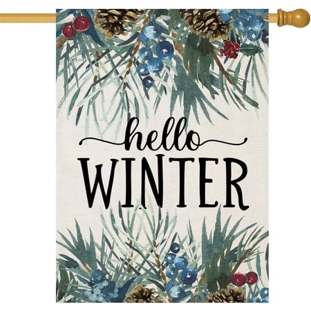 Hello Winter House Flags for Outdoor Decoration Pine Twigs Large Yard Flag Decorative Christmas Xmas Seasonal Farmhouse Holiday Outside Decor Vertical Double Sided