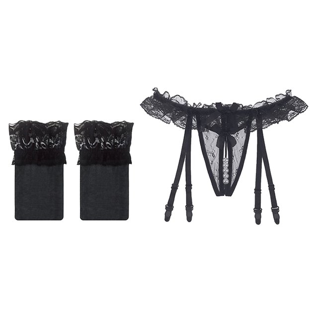 Tangas De Cuerda Pearl G Con Medias De Liguero Set Black + Silk Stockings Sunnimix Conjunto de medias de liguero de perla G