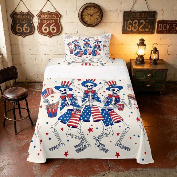 Manfei Funny Skull Skeleton Twin Sheets, Patriotic US Flag Bedding, Red White Blue, Colorful Stars Reversible 3 Pieces (1 Flat Sheet, 1 Fitted Sheet and 1 Pillowcase)