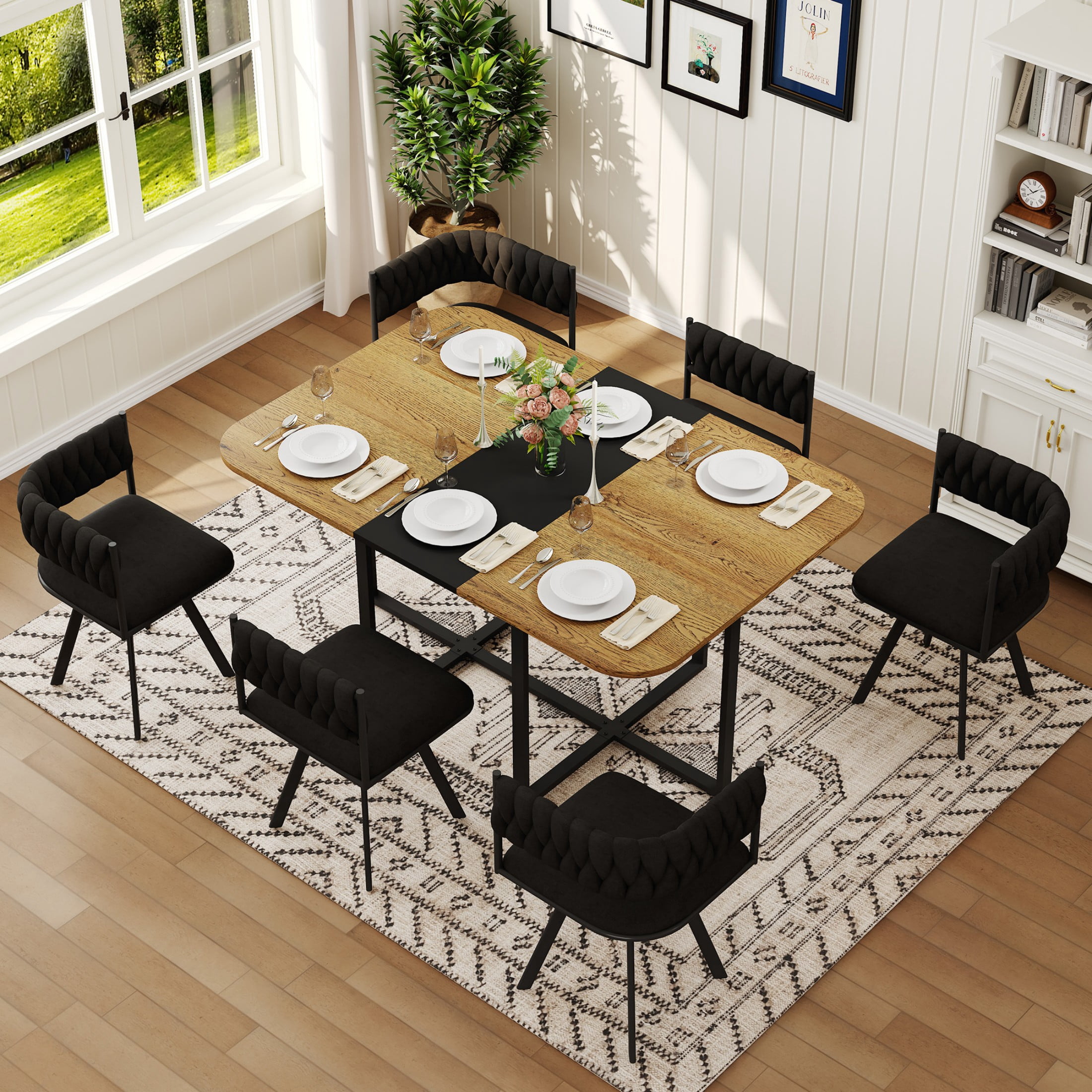 Alvantor 7-Piece Dining Set, Wood Grain Table & Black Velvet Chairs for Modern Small Spaces