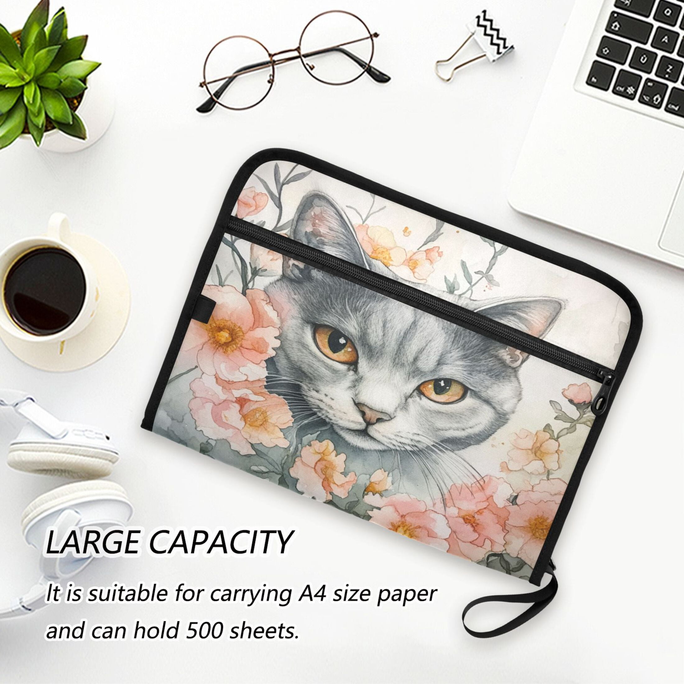 WOBOGO White Cat with Flower Expanding File Folder Letter Size Accordion Filing Organizer 13 Pocket Separate Organ Pocket