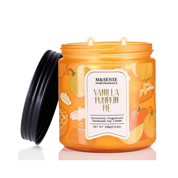 M&SENS Vanilla Pumpkin Pie Scented Candle, 11.6oz Natural Soy Wax Double Wick, 70 Hours Clean Burn Home Holiday Fragrance