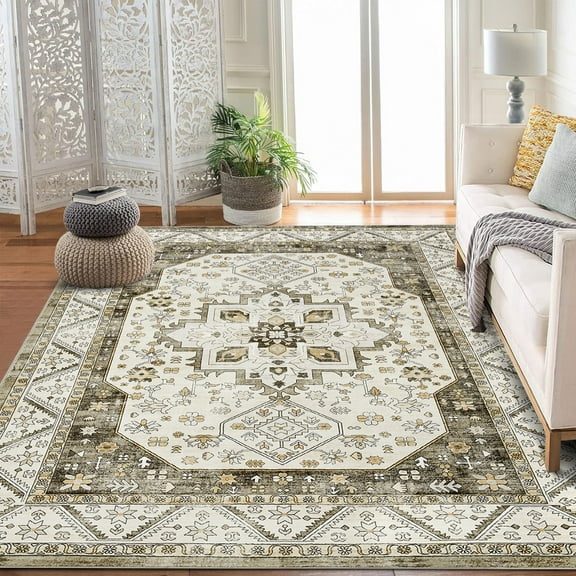 Floral Area Rug, Washable Non-Slip Low-Pile Rug for Living Room and Kitchen