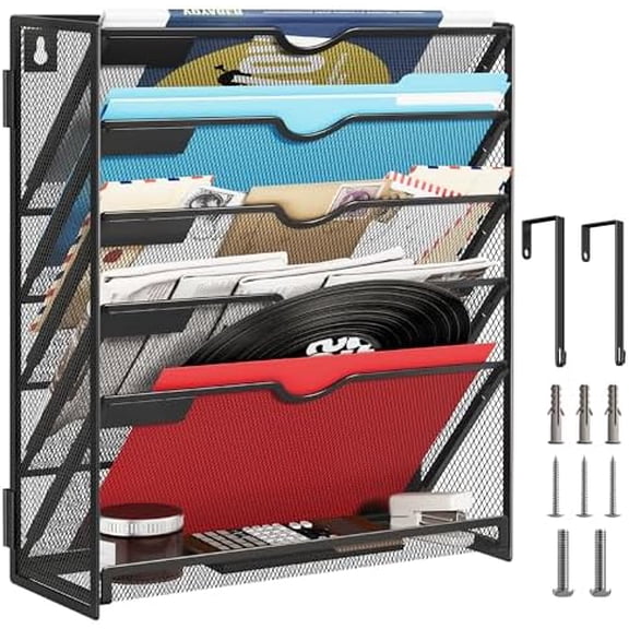 6-Tier Hanging File Organizer, Wall Mount File Holder for Mails Folders Papers Magazine Organization, Vertical Document Organizer for Office Home - Black