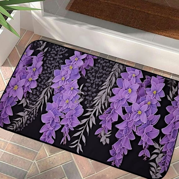 Qinduosi Spring Flowers Indoor Door Mat, Welcome Mat Floor Mat Anti-Skid Absorbent Doormat for Entryway Patio High Traffic Areas Watercolor Lavender Black Background 19.68*39.37 in