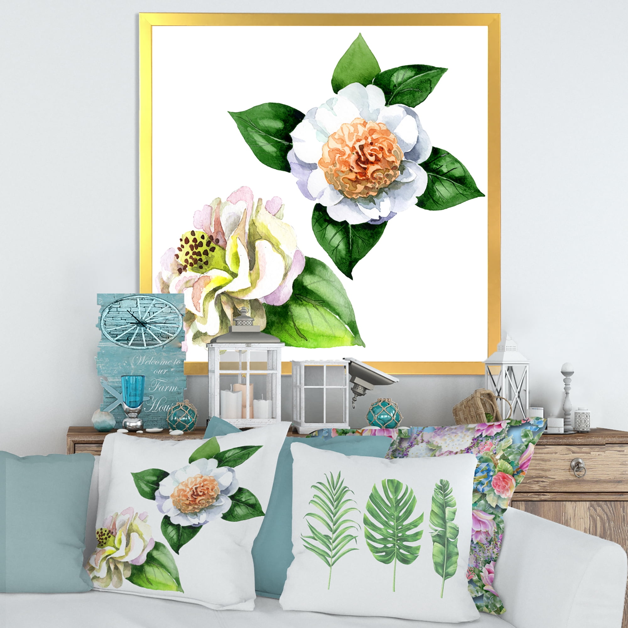 Designart 'Ancient White Camellia Flowers With Green Leaves' Traditional Framed Art Print