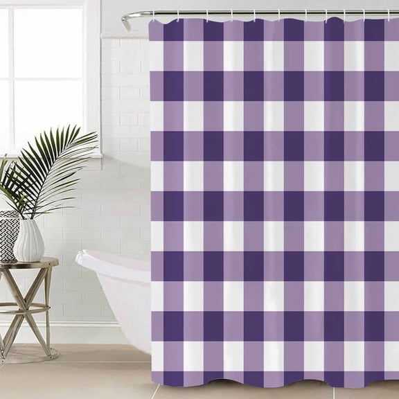 Purple Checkered Shower Curtain Set, Waterproof Shower Curtains for Bathroom, Farmhouse Buffalo Plaid Washable Fabric Cloth Bath Curtain for Bathtub Decoration with Hooks 66x72 Inches