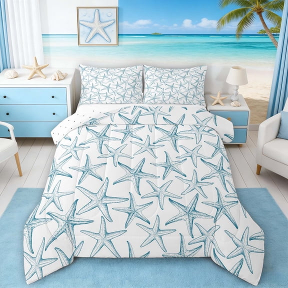 Manfei Watercolor Blue Starfish Full Size Comforter Sets for Kids Boys and Girls, Kawaii Ocean Wildlife Bedding Sets, Reversible 3pcs, 1 Comforter and 2 Pillowcases