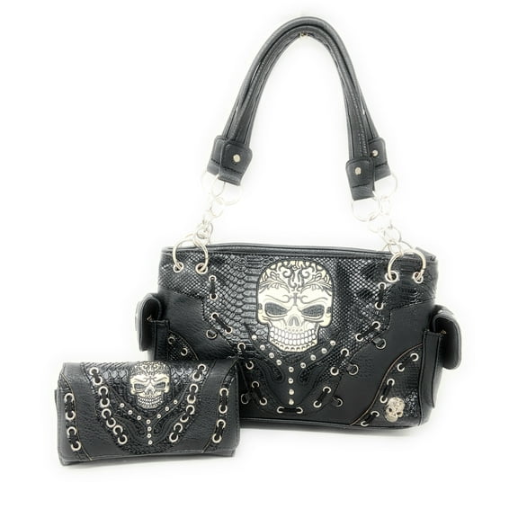 Texas West Women's Embroide Sugar Skull Handbag Purse Wallet Set in Multi Color