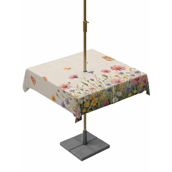Outdoor Tablecloths with Umbrella Hole & Zipper, Watercolor Flowers 54x54 Inch Square Tablecloths, Spring Daisy Floral Butterflly Beige Waterproof Table Cloth, Patio/Pool/Picnic Table Covers