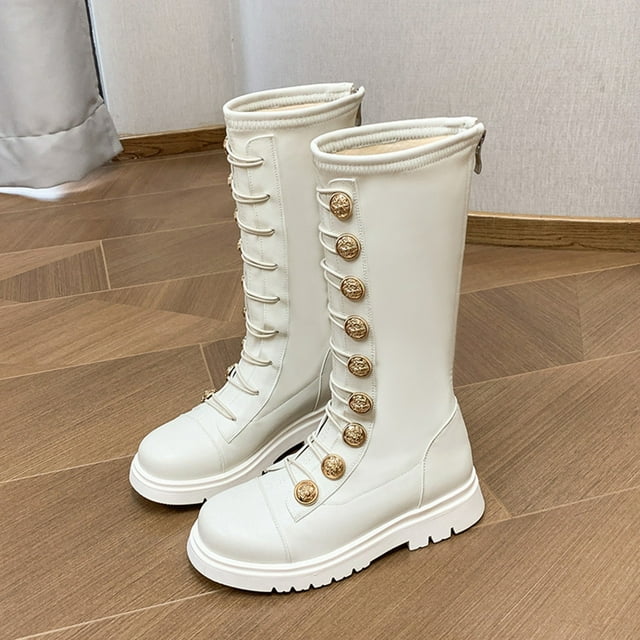 XIMIN Girls Round Toe Low Heel Leather Lace Up Knee High Boots Winter Punk Leather Riding Boots Fashion Zipper Tall Riding Boots Comfortable Combat Boot
