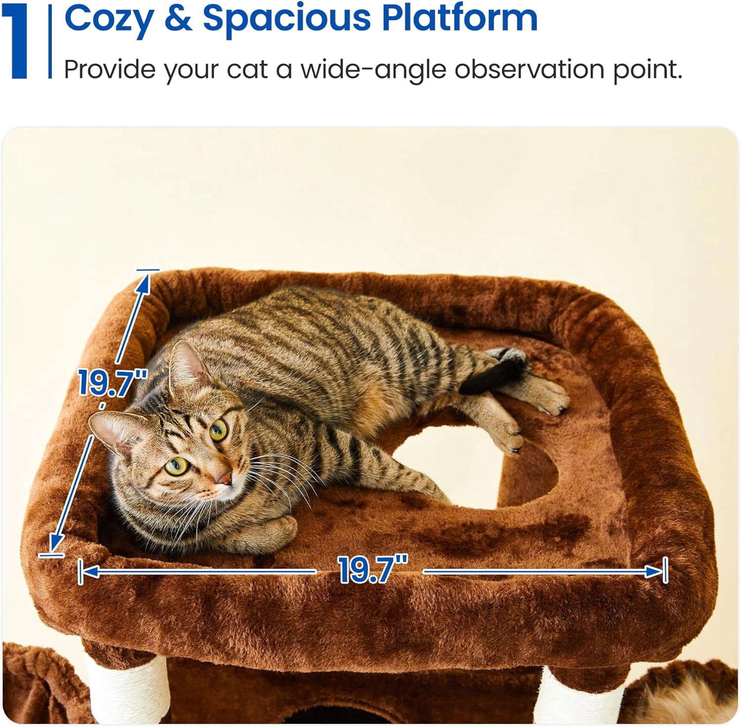 WSWJY Large Cat Tree, 67.7-Inch Tall Cat Tower for Indoor Cats with 2 Large Condos, Multi-Level Cat Stand for Large Cat with 3 Hammocks, Wide Perch, Scratching Posts, Dangling Toys, Brown